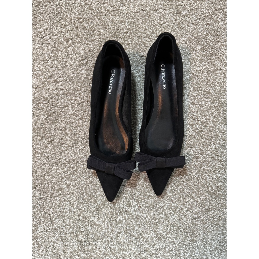 C.Paravano Womens Black Suede Pointed Toe Bow Flats Size 36.5